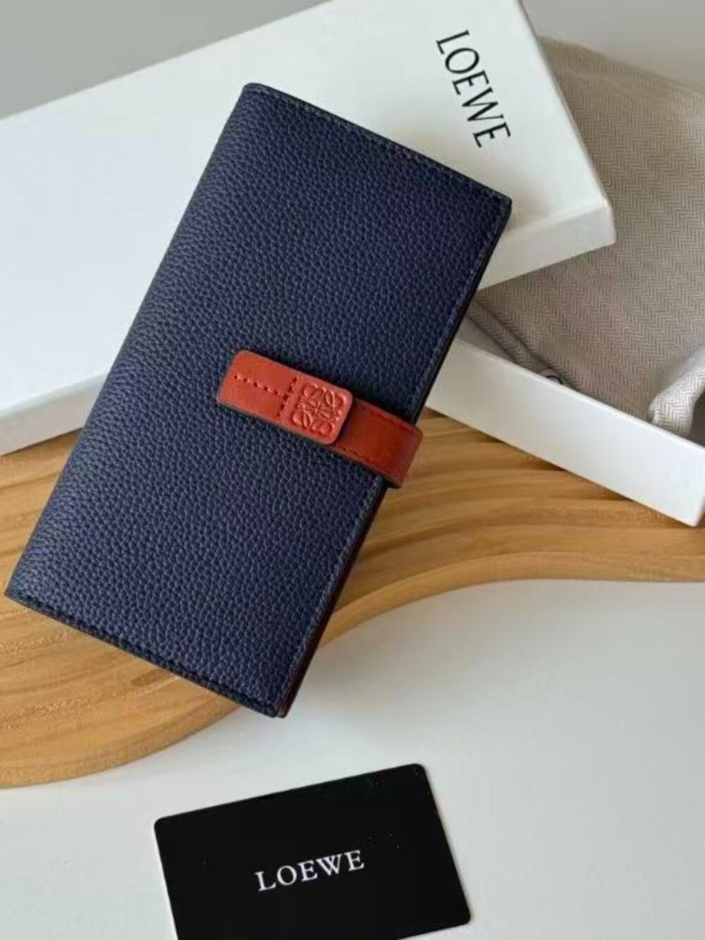 Loewe Navy Bi-Fold Long Wallet Contrast Anagram Logo Tab Fastener